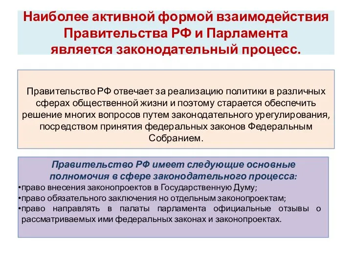 Наиболее активной формой взаимодействия Правительства РФ и Парламента является законодательный процесс.