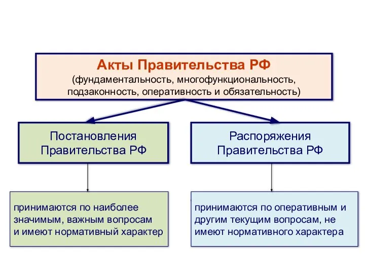 Акты Правительства РФ (фундаментальность, многофункциональность, подзаконность, оперативность и обязательность) Постановления Правительства