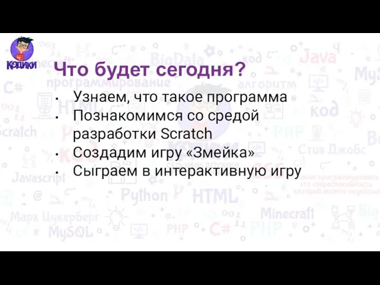 Узнаем, что такое программа Познакомимся со средой разработки Scratch Создадим игру