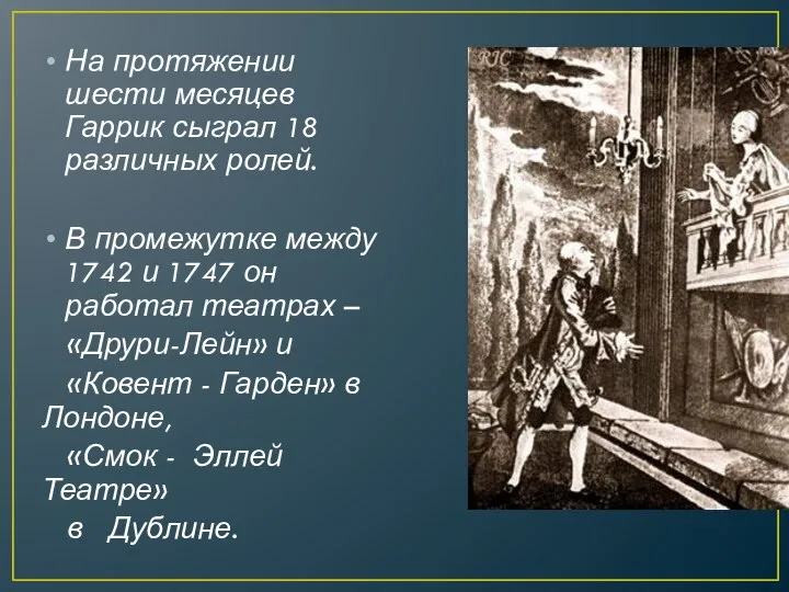 На протяжении шести месяцев Гаррик сыграл 18 различных ролей. В промежутке