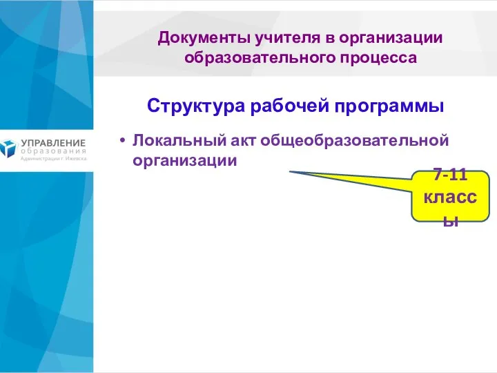 Документы учителя в организации образовательного процесса Локальный акт общеобразовательной организации Структура рабочей программы 7-11 классы