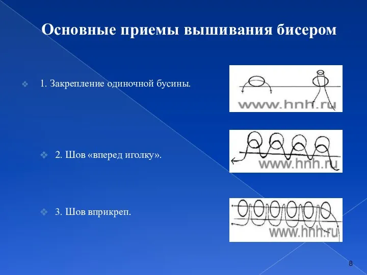 Основные приемы вышивания бисером 1. Закрепление одиночной бусины. 2. Шов «вперед иголку». 3. Шов вприкреп.