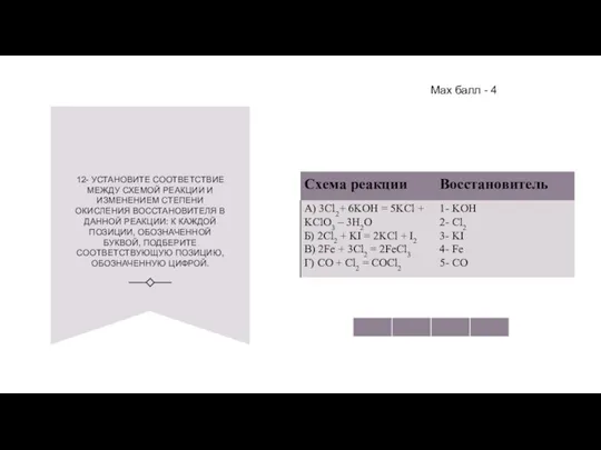 12- УСТАНОВИТЕ СООТВЕТСТВИЕ МЕЖДУ СХЕМОЙ РЕАКЦИИ И ИЗМЕНЕНИЕМ СТЕПЕНИ ОКИСЛЕНИЯ ВОССТАНОВИТЕЛЯ