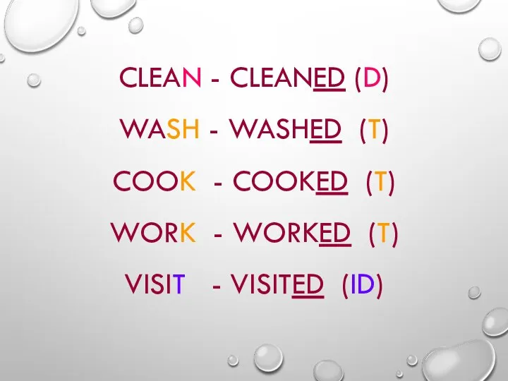 CLEAN - CLEANED (D) WASH - WASHED (T) COOK - COOKED