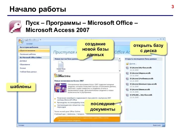 Начало работы Пуск – Программы – Microsoft Office – Microsoft Access