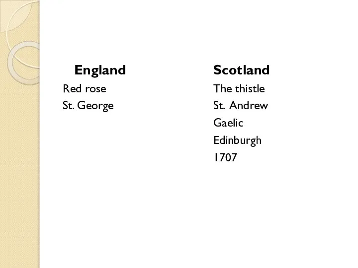 England Red rose St. George Scotland The thistle St. Andrew Gaelic Edinburgh 1707