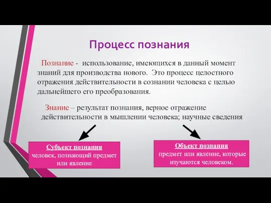 Процесс познания Познание - использование, имеющихся в данный момент знаний для