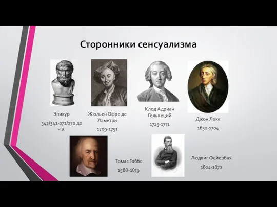 Сторонники сенсуализма Жюльен Офре де Ламетри 1709-1751 Эпикур 342/341-271/270 до н.э.