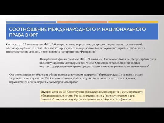 СООТНОШЕНИЕ МЕЖДУНАРОДНОГО И НАЦИОНАЛЬНОГО ПРАВА В ФРГ Согласно ст. 25 конституции