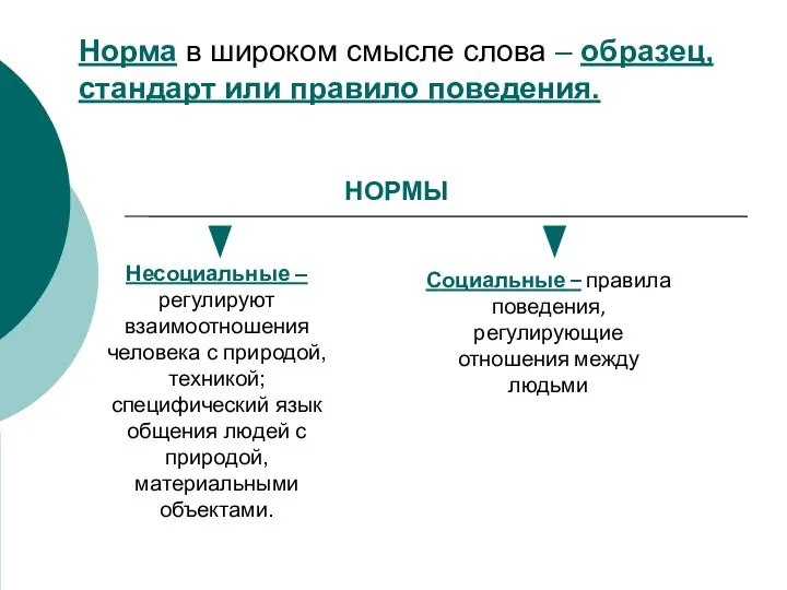 Норма в широком смысле слова – образец, стандарт или правило поведения.