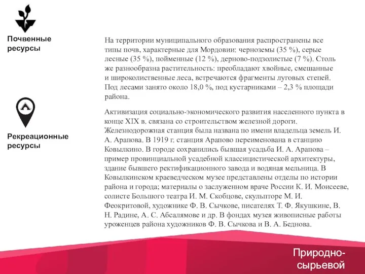 Почвенные ресурсы Рекреационные ресурсы Природно-сырьевой потенциал Активизация социально-экономического развития населенного пункта