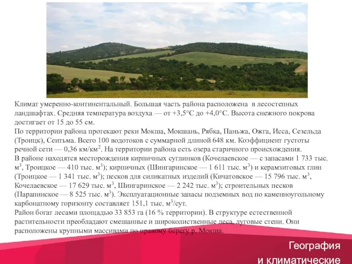 Климат умеренно-континентальный. Большая часть района расположена в лесостепных ландшафтах. Средняя температура