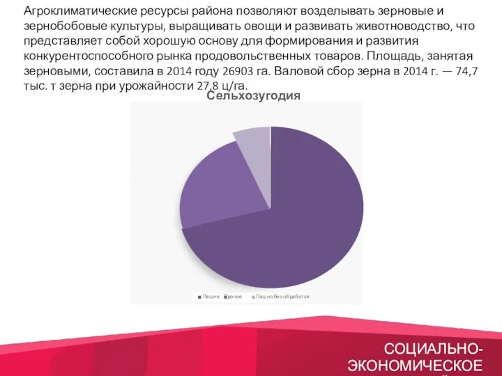 Агроклиматические ресурсы района позволяют возделывать зерновые и зернобобовые культуры, выращивать овощи