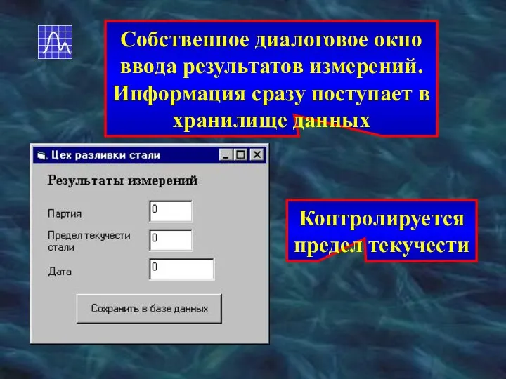 Собственное диалоговое окно ввода результатов измерений. Информация сразу поступает в хранилище данных Контролируется предел текучести