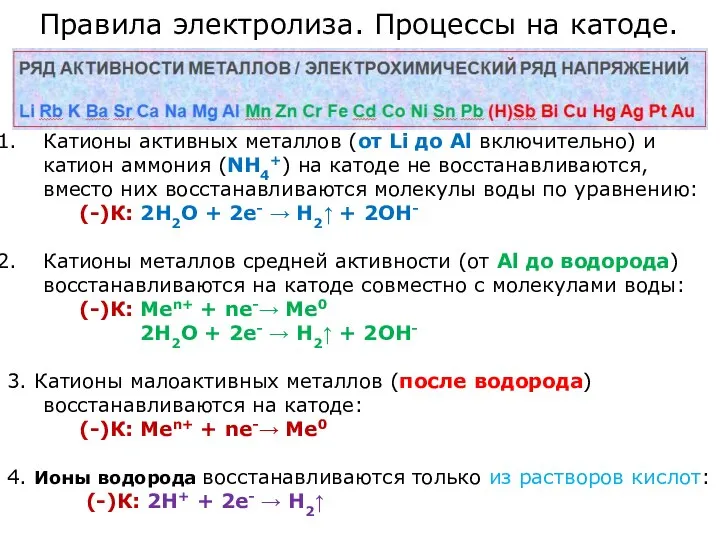 Правила электролиза. Процессы на катоде. Катионы активных металлов (от Li до