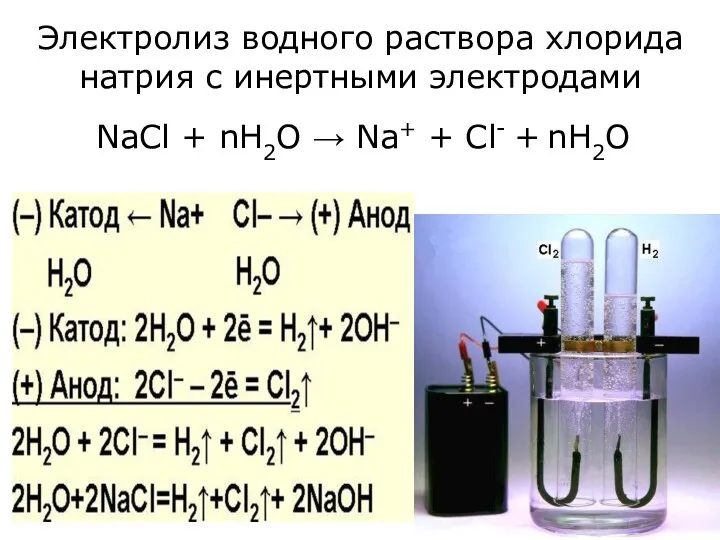 Электролиз водного раствора хлорида натрия с инертными электродами NaCl + nH2O