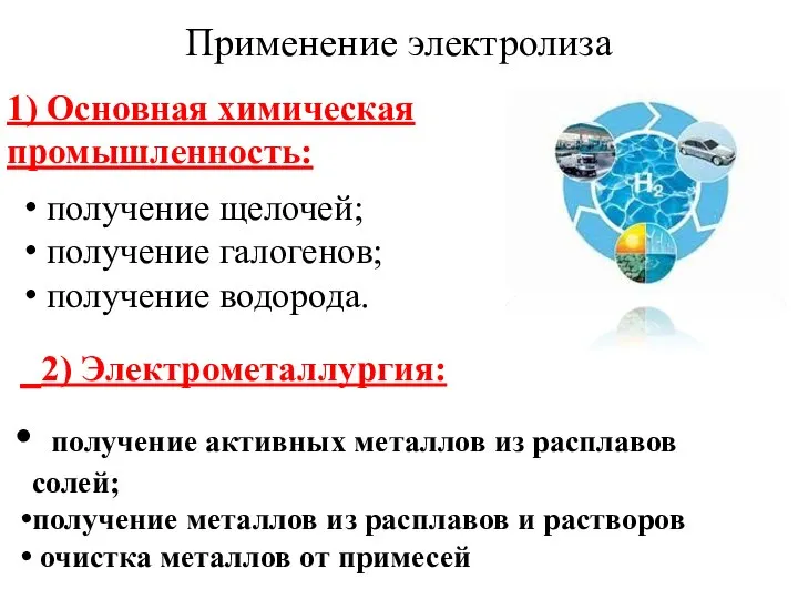 получение щелочей; получение галогенов; получение водорода. 1) Основная химическая промышленность: Применение