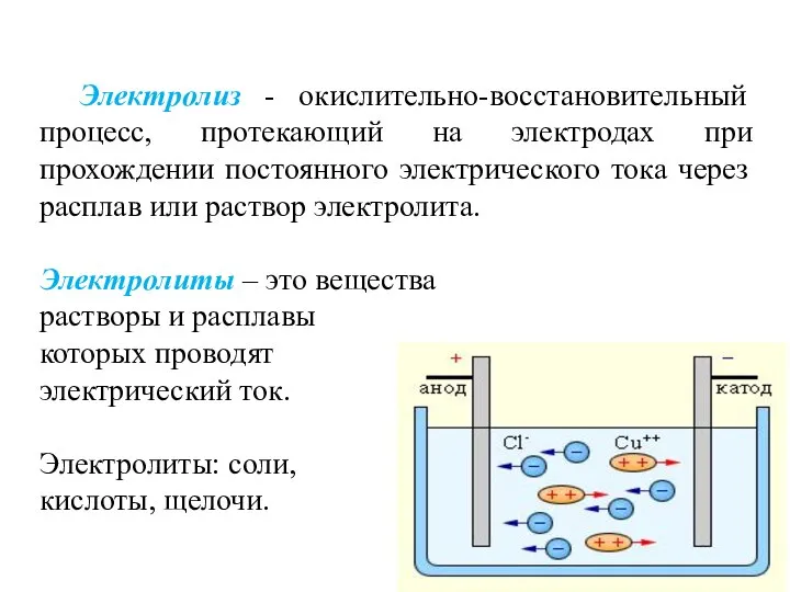 Электролиз - окислительно-восстановительный процесс, протекающий на электродах при прохождении постоянного электрического