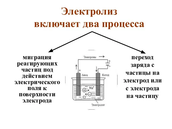 Электролиз включает два процесса миграция реагирующих частиц под действием электрического поля