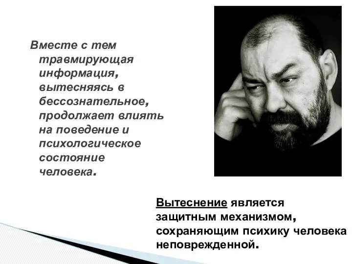 Вместе с тем травмирующая информация, вытесняясь в бессознательное, продолжает влиять на