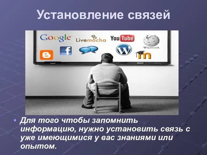 Установление связей Для того чтобы запомнить информацию, нужно установить связь с