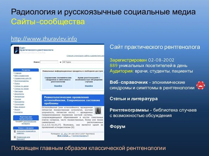 Радиология и русскоязычные социальные медиа Сайты-сообщества Сайт практического рентгенолога Зарегистрирован 02-08-2002