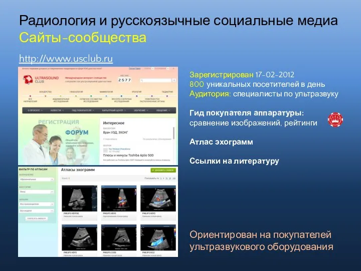 Радиология и русскоязычные социальные медиа Сайты-сообщества Зарегистрирован 17-02-2012 800 уникальных посетителей