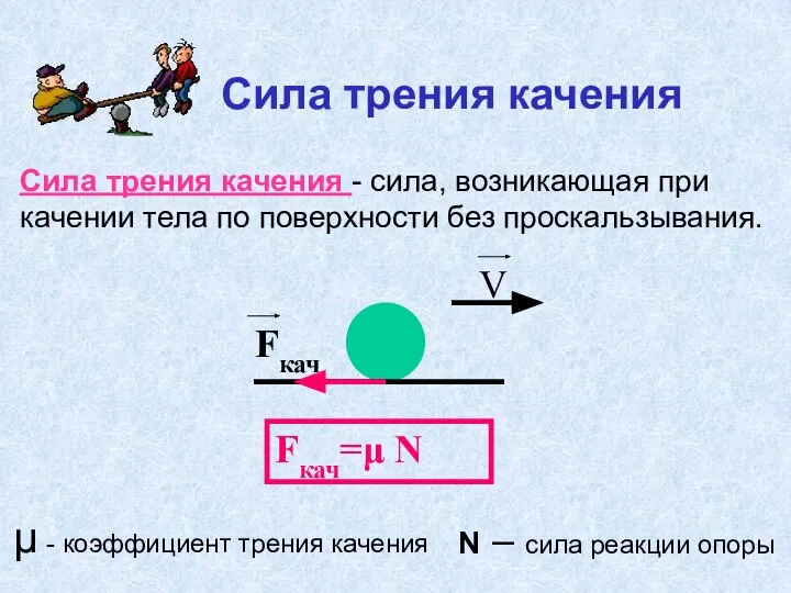 Сила трения качения Сила трения качения - сила, возникающая при качении