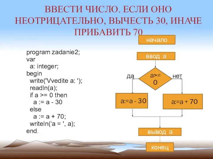 ВВЕСТИ ЧИСЛО. ЕСЛИ ОНО НЕОТРИЦАТЕЛЬНО, ВЫЧЕСТЬ 30, ИНАЧЕ ПРИБАВИТЬ 70 начало