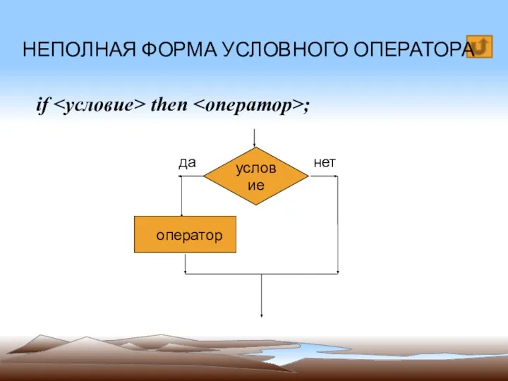 if then ; НЕПОЛНАЯ ФОРМА УСЛОВНОГО ОПЕРАТОРА да нет оператор условие