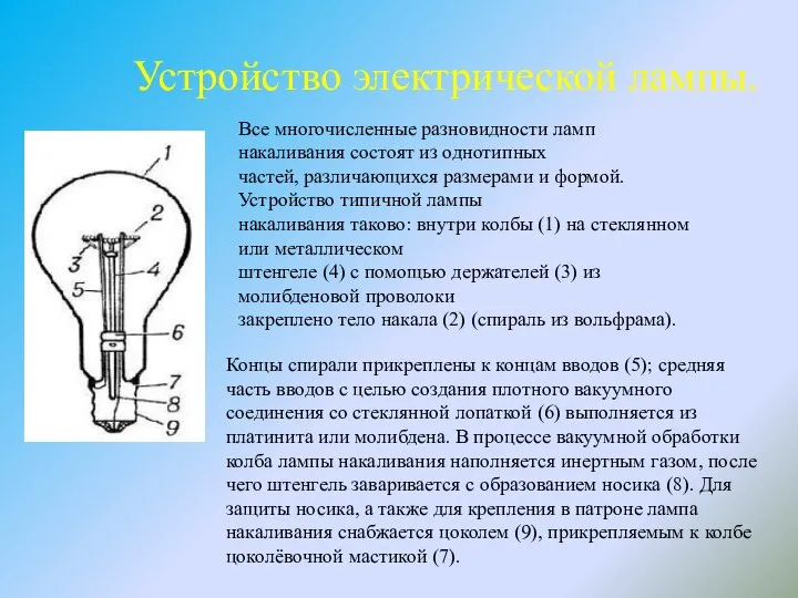 Устройство электрической лампы. Все многочисленные разновидности ламп накаливания состоят из однотипных