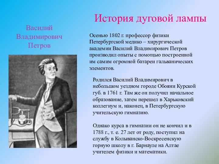 История дуговой лампы Осенью 1802 г. профессор физики Петербургской медико –