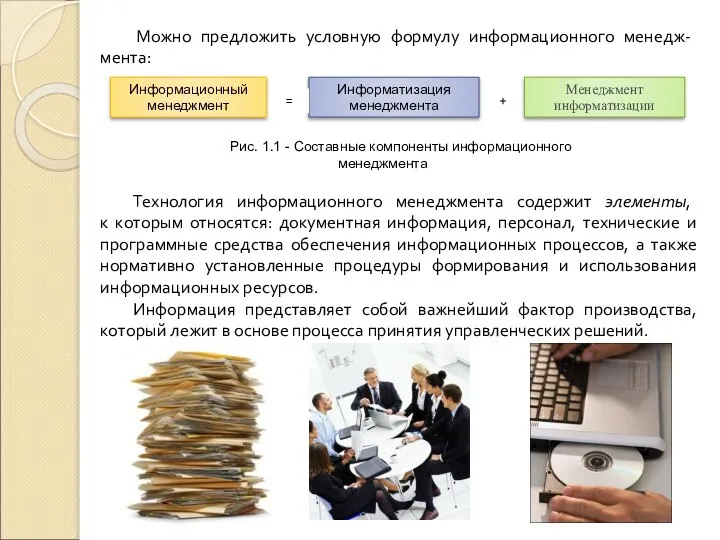 Можно предложить условную формулу информационного менедж-мента: Рис. 1.1 - Составные компоненты