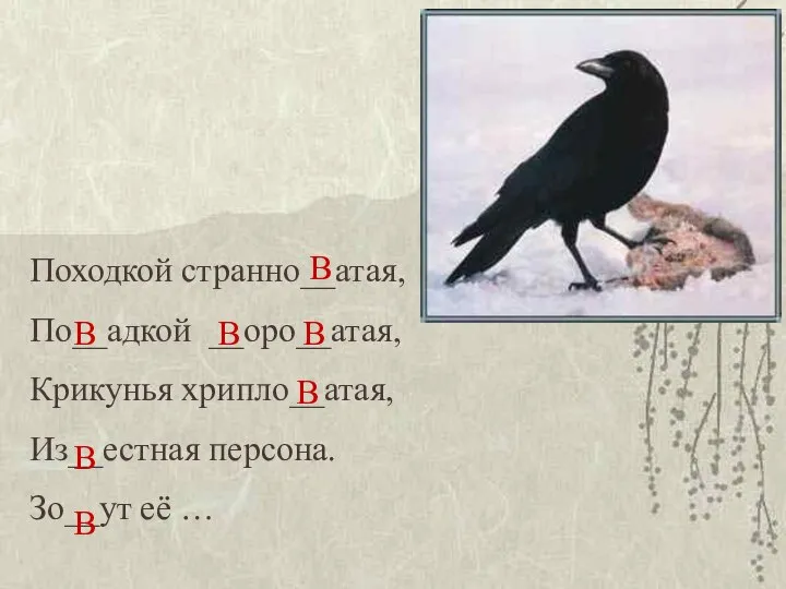 Походкой странно__атая, По__адкой __оро__атая, Крикунья хрипло__атая, Из__естная персона. Зо__ут её …