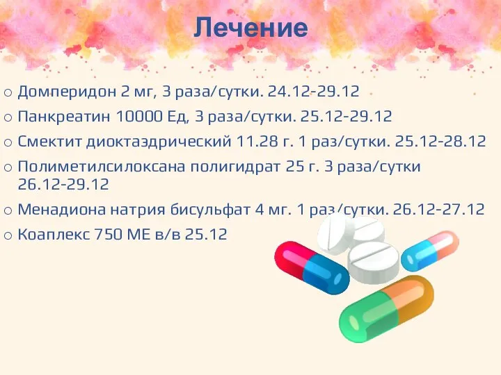 Лечение Домперидон 2 мг, 3 раза/сутки. 24.12-29.12 Панкреатин 10000 Ед, 3