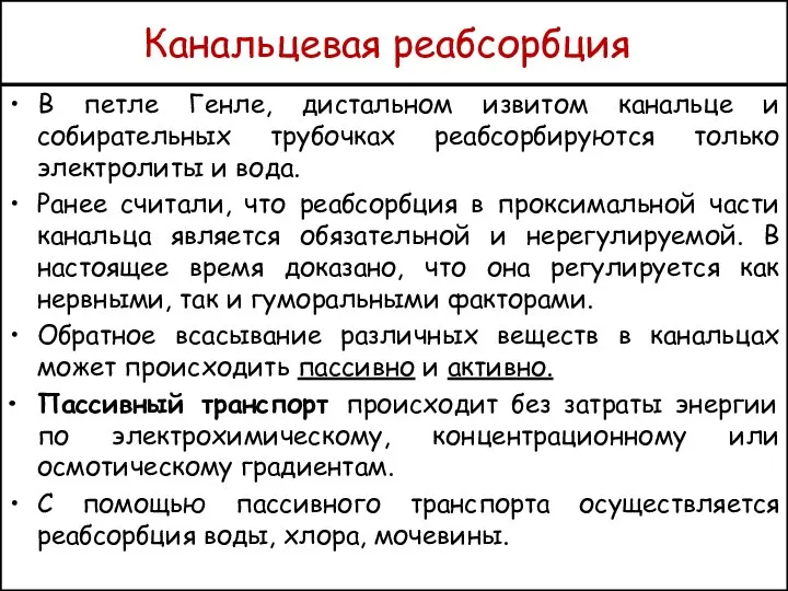 Канальцевая реабсорбция В петле Генле, дистальном извитом канальце и собирательных трубочках