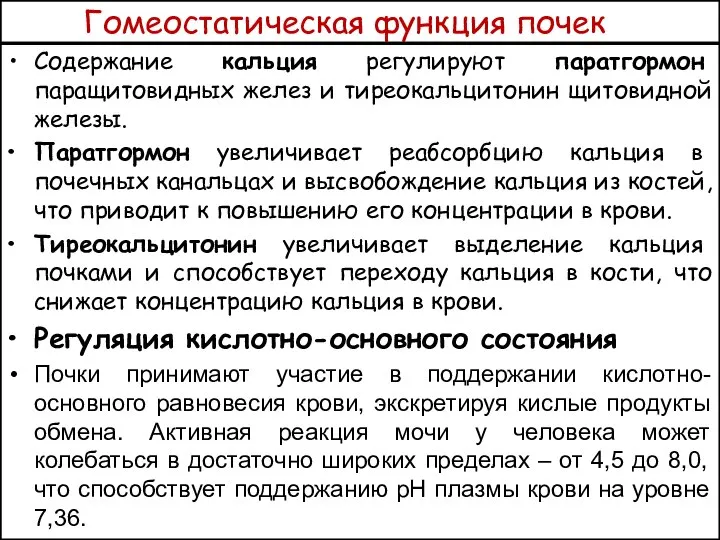 Гомеостатическая функция почек Содержание кальция регулируют паратгормон паращитовидных желез и тиреокальцитонин