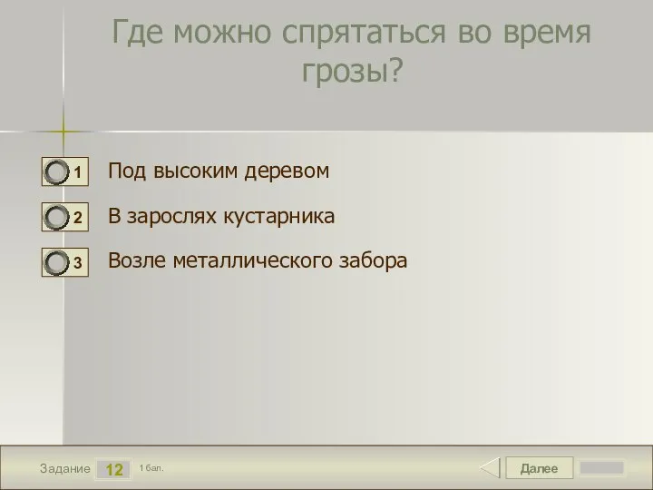 Далее 12 Задание 1 бал. Где можно спрятаться во время грозы?