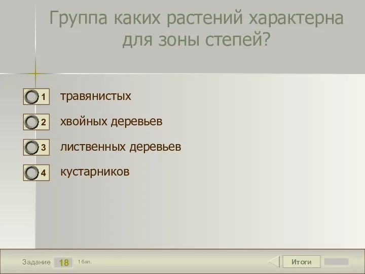 Итоги 18 Задание 1 бал. Группа каких растений характерна для зоны