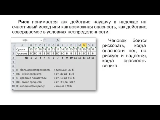 Риск понимается как действие наудачу в надежде на счастливый исход или