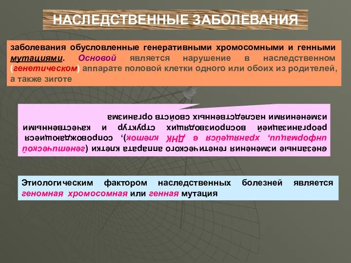 НАСЛЕДСТВЕННЫЕ ЗАБОЛЕВАНИЯ заболевания обусловленные генеративными хромосомными и генными мутациями. Основой является