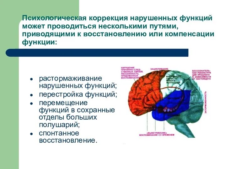 Психологическая коррекция нарушенных функций может проводиться несколькими путями, приводящими к восстановлению