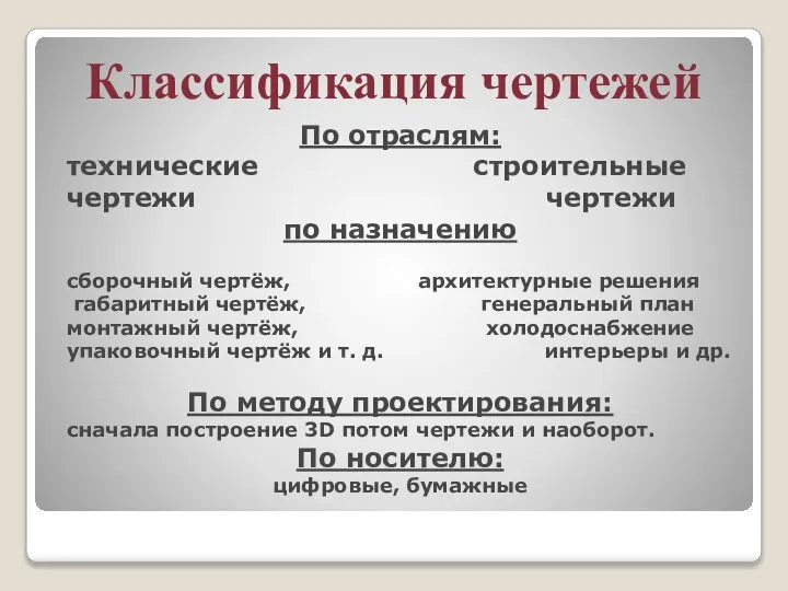 Классификация чертежей По отраслям: технические строительные чертежи чертежи по назначению сборочный