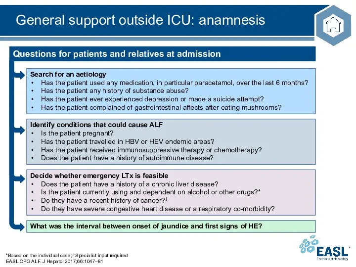 General support outside ICU: anamnesis *Based on the individual case; †Specialist