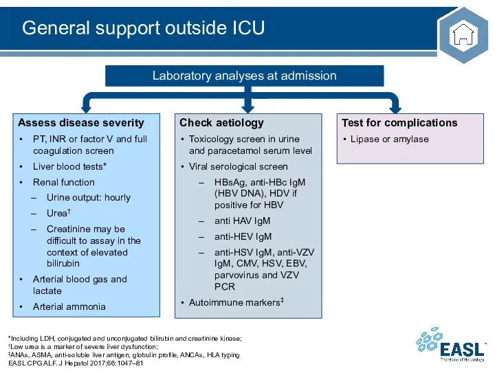 General support outside ICU *Including LDH, conjugated and unconjugated bilirubin and