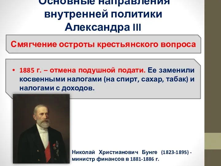 Основные направления внутренней политики Александра III Смягчение остроты крестьянского вопроса 1885