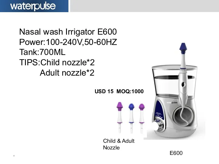 * E600 Child & Adult Nozzle Nasal wash Irrigator E600 Power:100-240V,50-60HZ