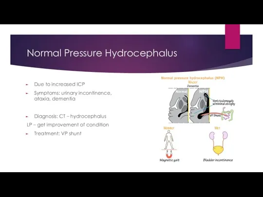 Normal Pressure Hydrocephalus Due to increased ICP Symptoms: urinary incontinence, ataxia,