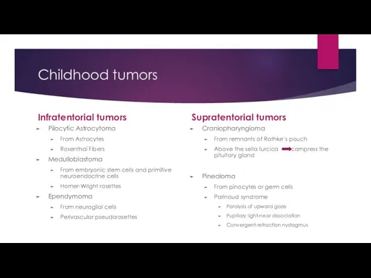 Childhood tumors Infratentorial tumors Pilocytic Astrocytoma From Astrocytes Rosenthal Fibers Medulloblastoma