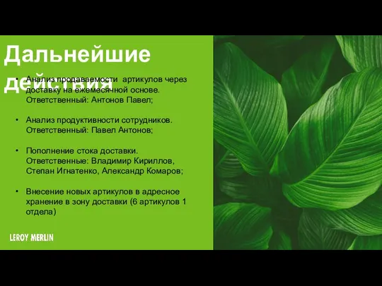 Дальнейшие действия Анализ продаваемости артикулов через доставку на ежемесячной основе. Ответственный: